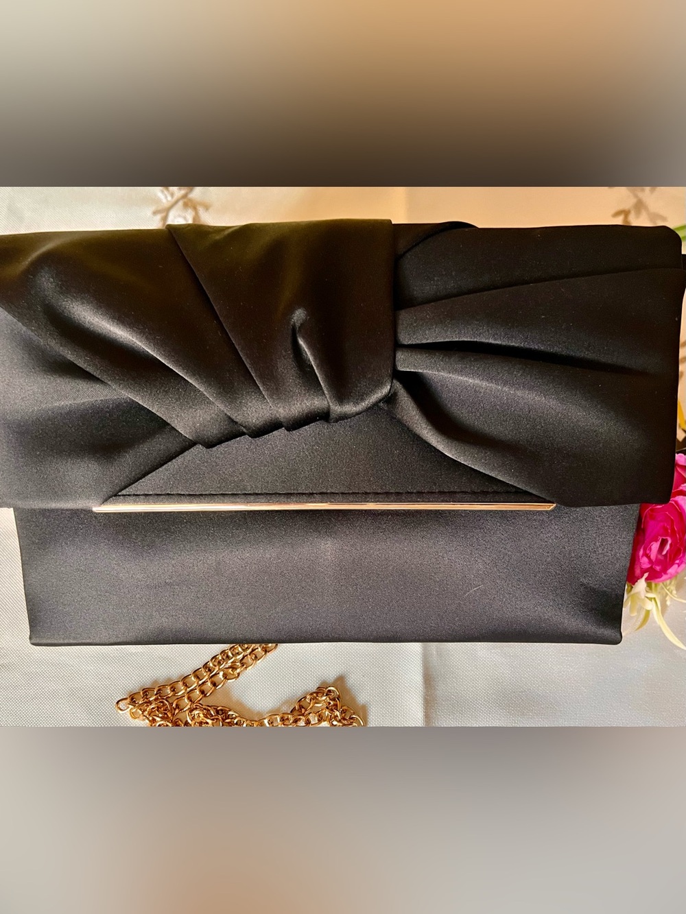 JEWEL by  BADGLEY MISCHKA Satin Bow Clutch with Gold Chain